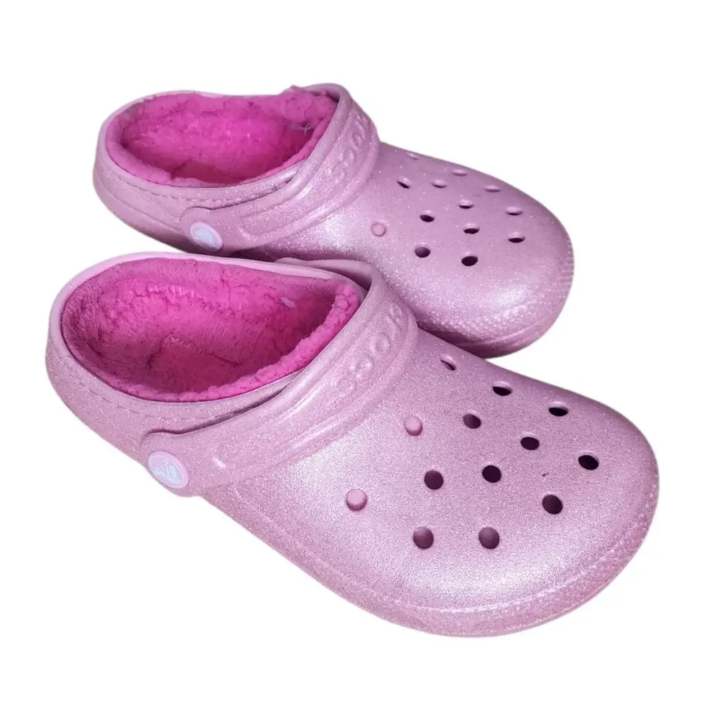 Crocs Classic Lined Glitter Clog Size J 1 Pink Tweed.
